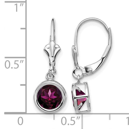 14k White Gold 6mm Round Rhodolite Garnet Bezel Leverback Dangle Earrings