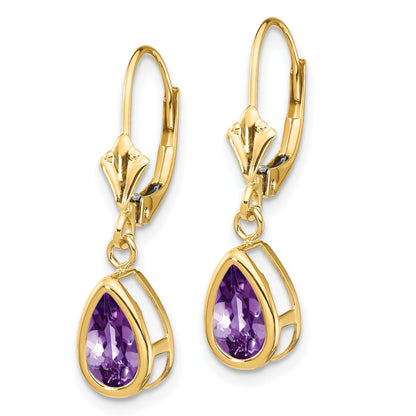 14k 8x5mm Pear Amethyst Bezel Leverback Dangle Earrings