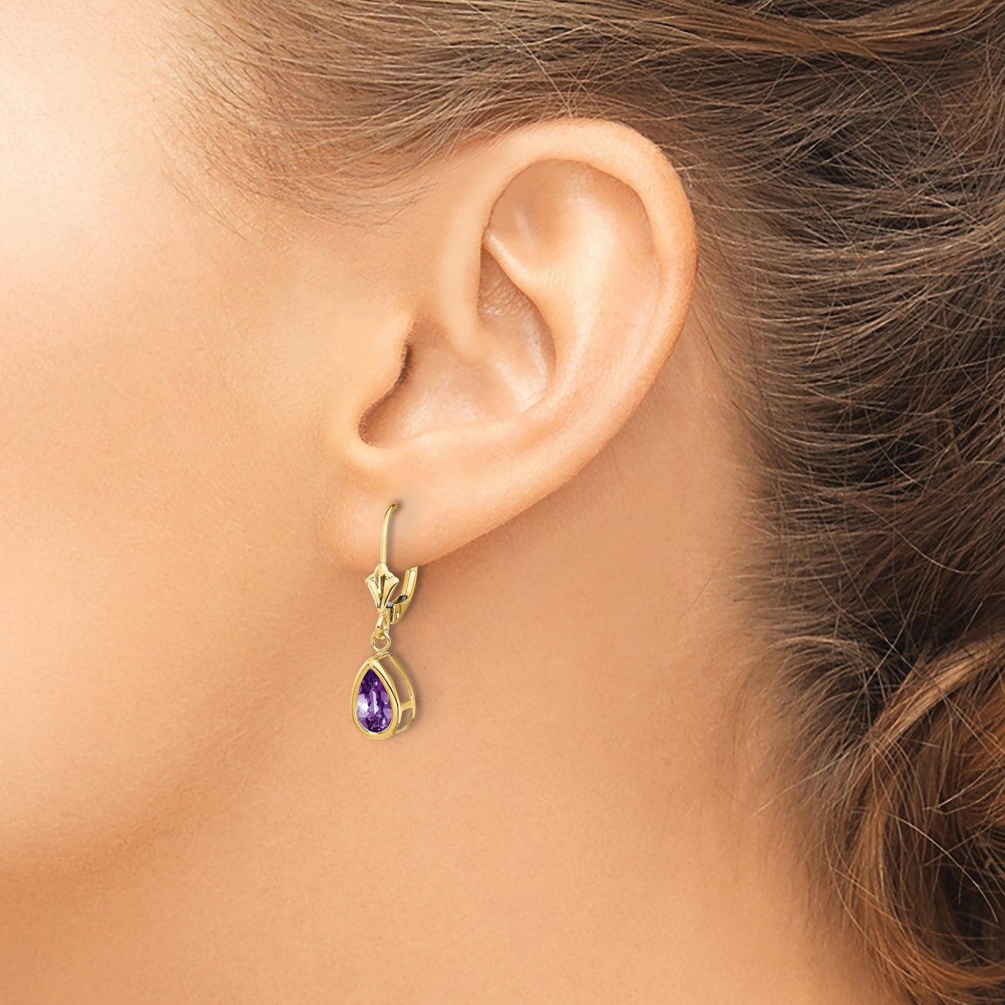 14k 8x5mm Pear Amethyst Bezel Leverback Dangle Earrings