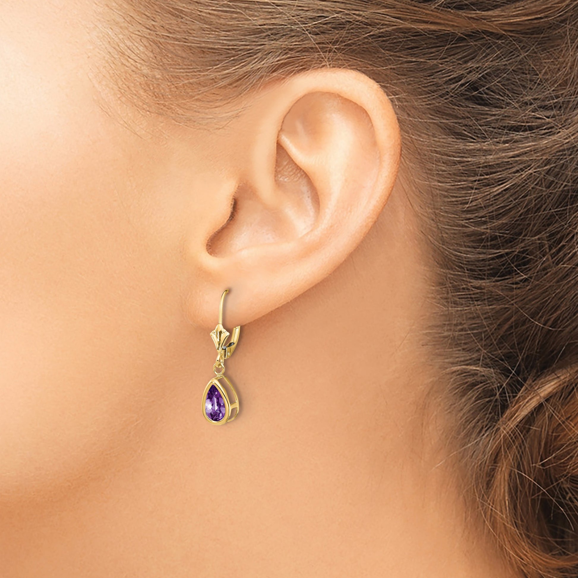 14k 8x5mm Pear Amethyst Bezel Leverback Dangle Earrings