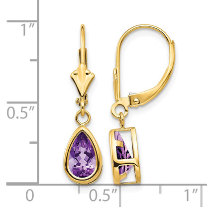 14k 8x5mm Pear Amethyst Bezel Leverback Dangle Earrings