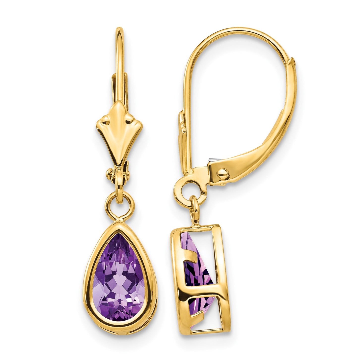 14k 8x5mm Pear Amethyst Bezel Leverback Dangle Earrings