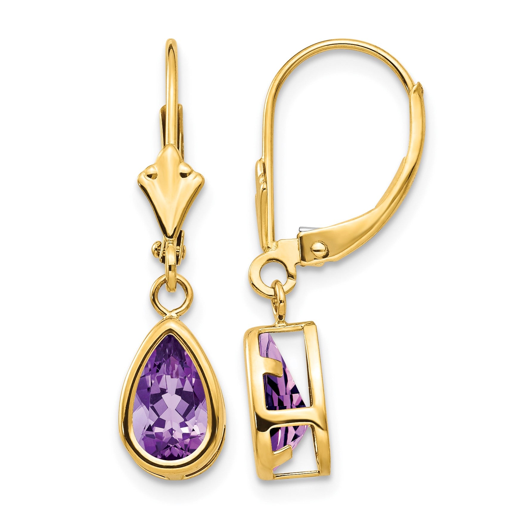 14k 8x5mm Pear Amethyst Bezel Leverback Dangle Earrings