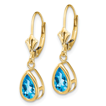 14k 8x5mm Pear Blue Topaz Bezel Leverback Dangle Earrings