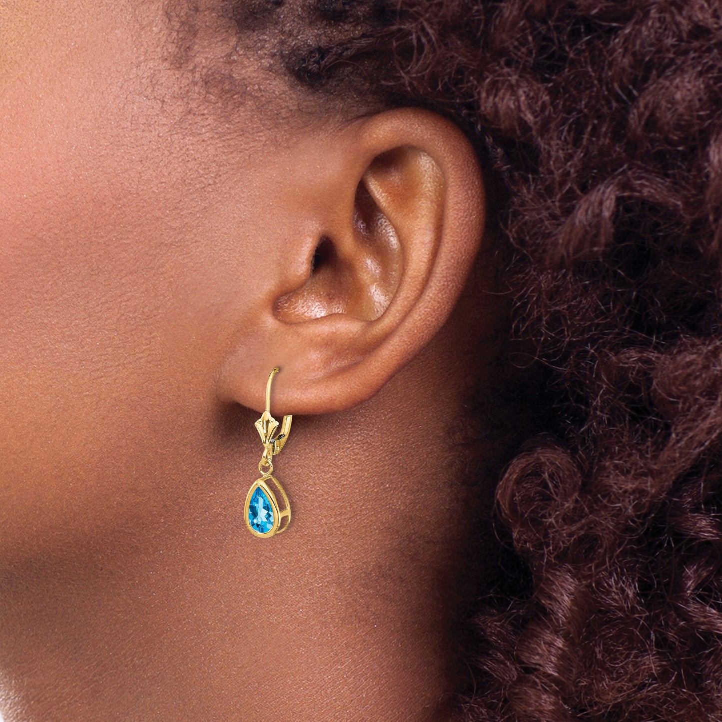 14k 8x5mm Pear Blue Topaz Bezel Leverback Dangle Earrings