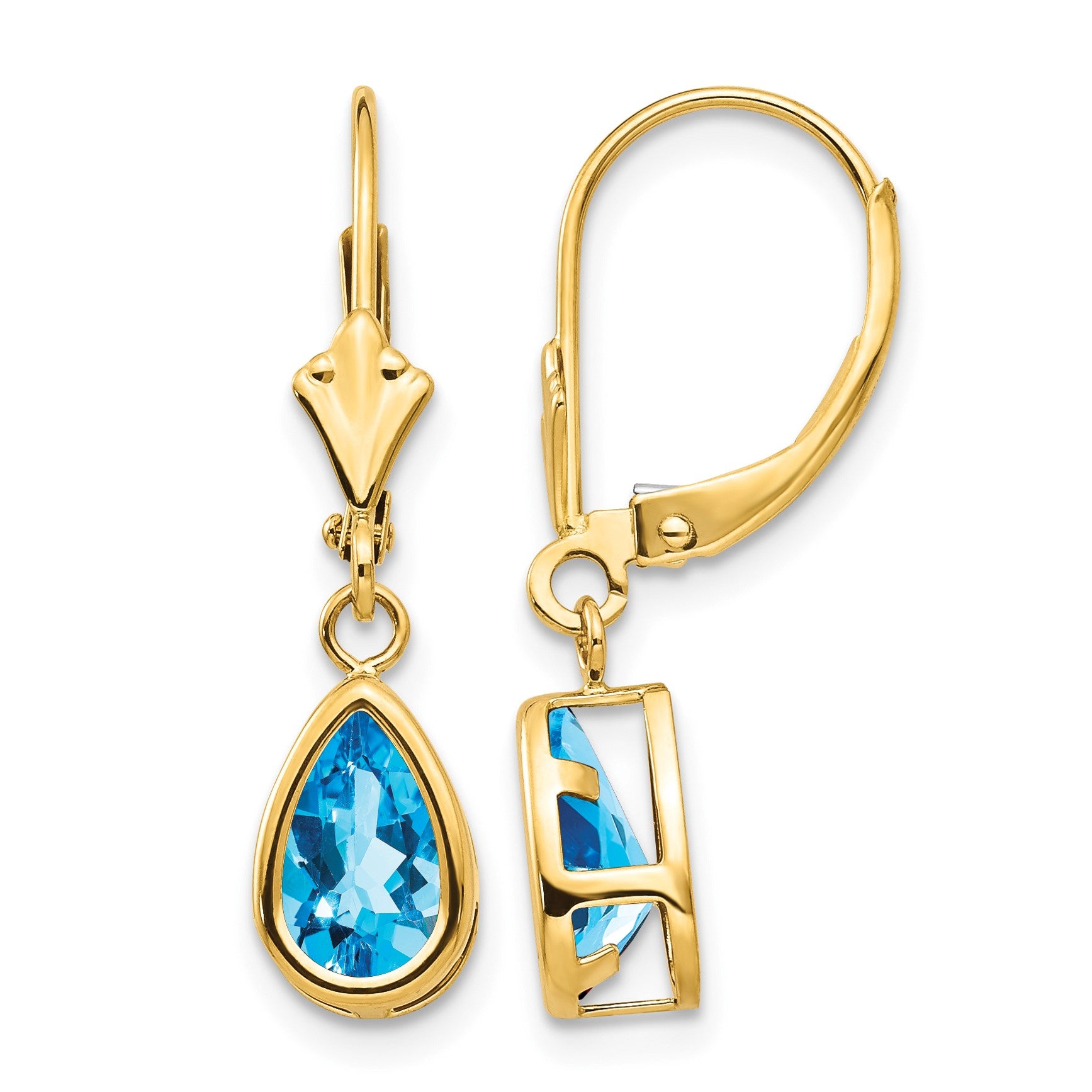 14k 8x5mm Pear Blue Topaz Bezel Leverback Dangle Earrings