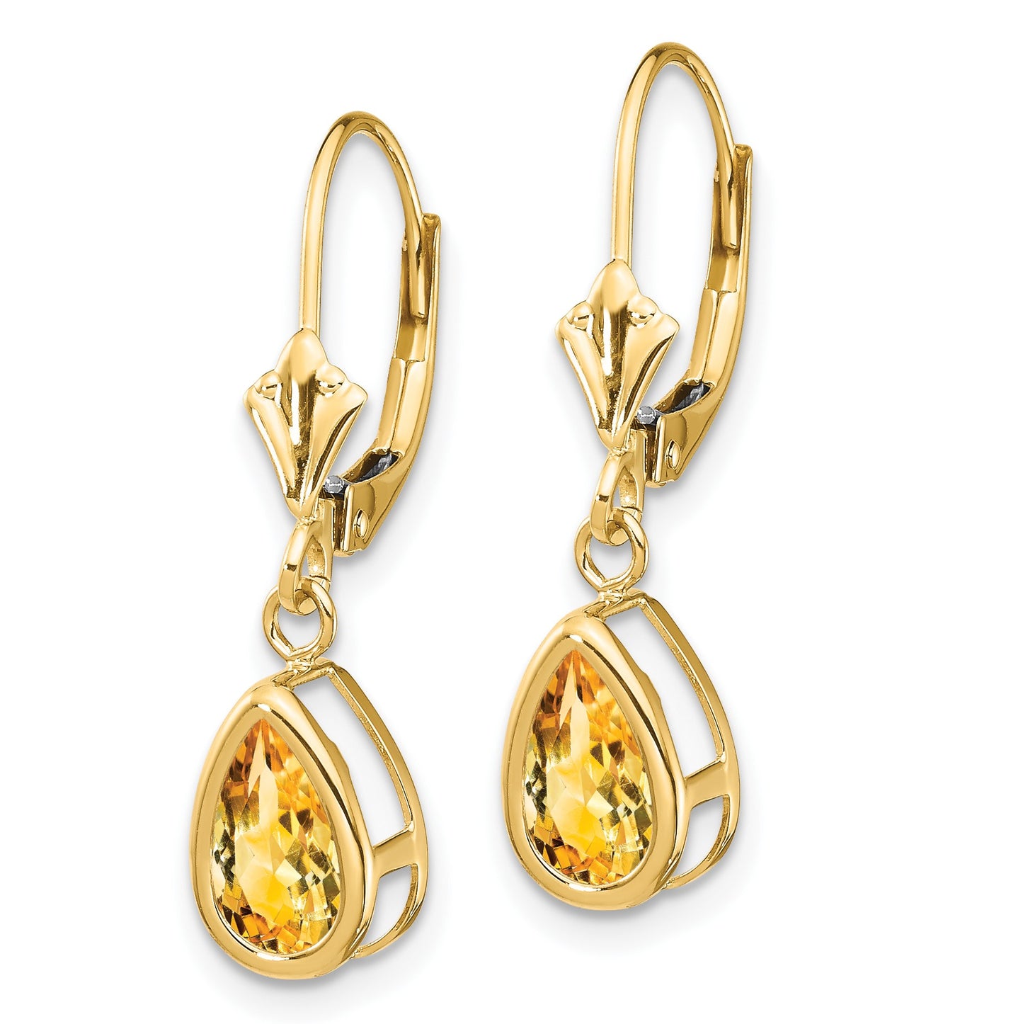 14k 8x5mm Pear Citrine Bezel Leverback Dangle Earrings