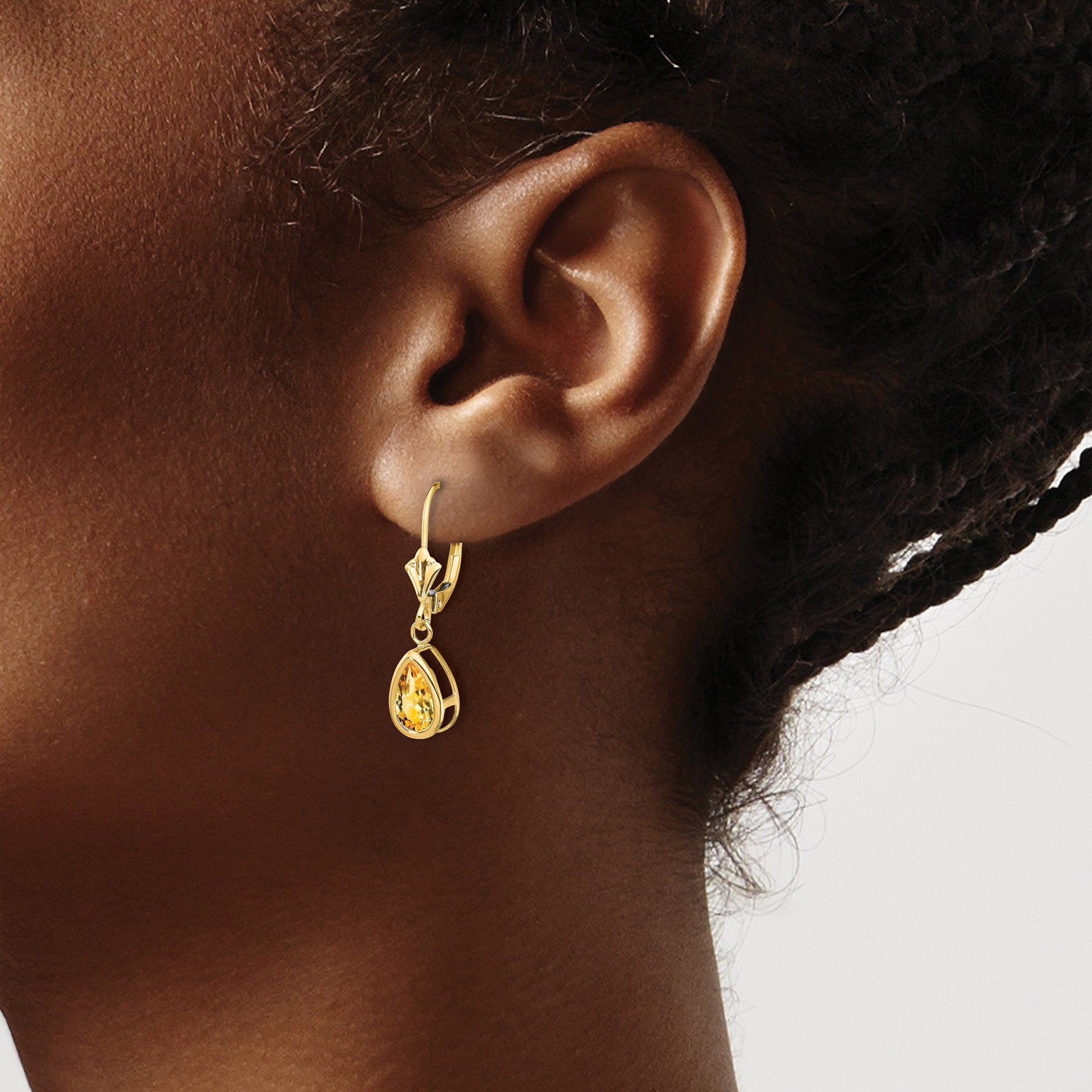 14k 8x5mm Pear Citrine Bezel Leverback Dangle Earrings