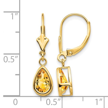 14k 8x5mm Pear Citrine Bezel Leverback Dangle Earrings