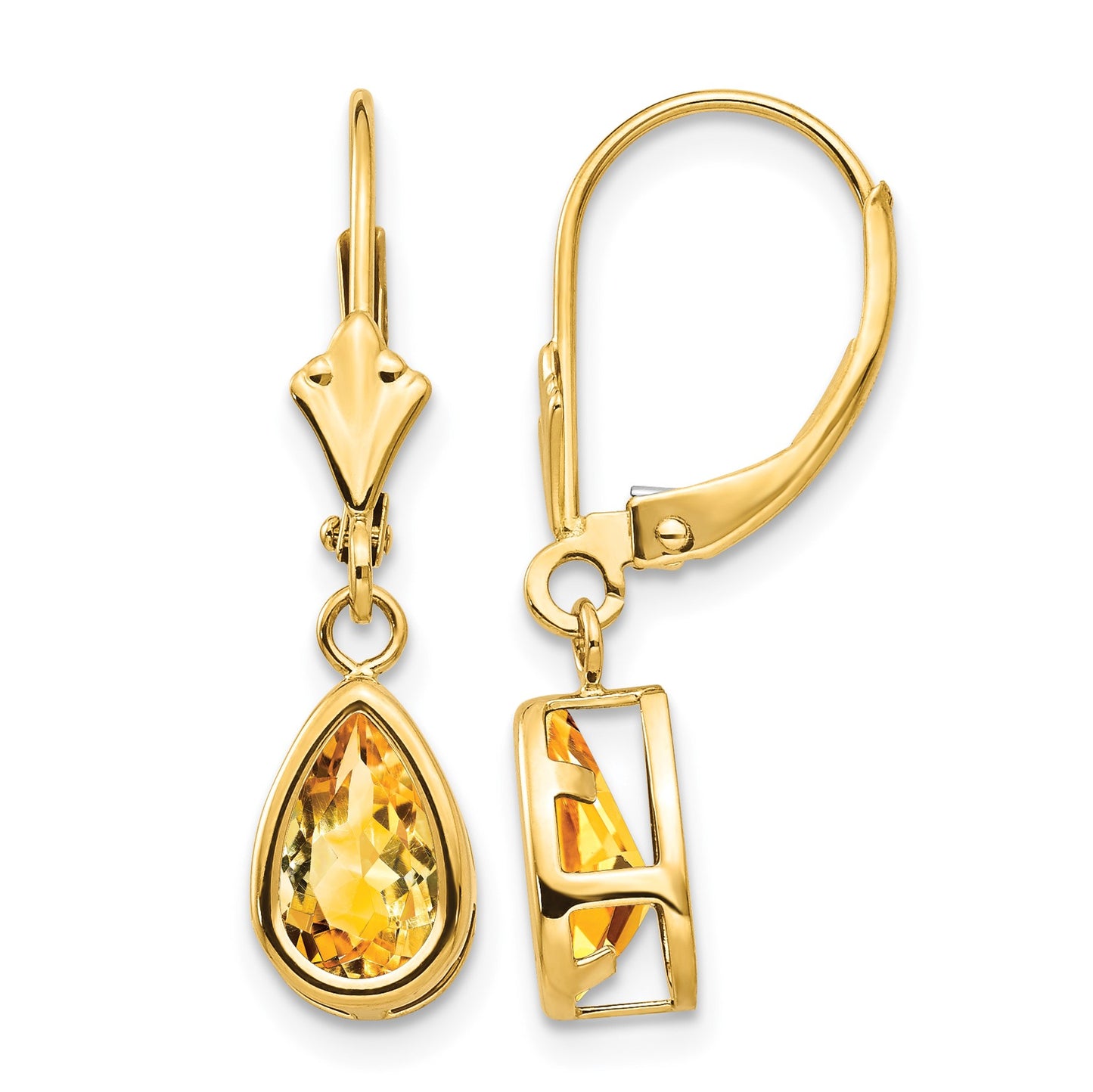 14k 8x5mm Pear Citrine Bezel Leverback Dangle Earrings