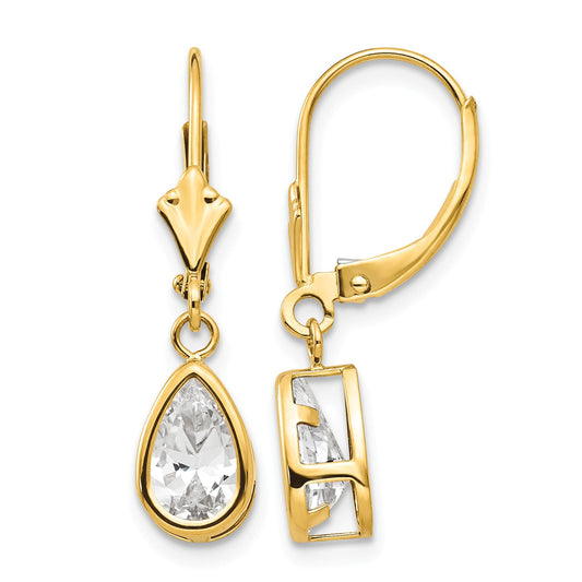14k 8x5mm Pear Cubic Zirconia Bezel Leverback Dangle Earrings