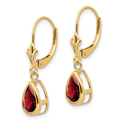 14k 8x5mm Pear Garnet Bezel Leverback Dangle Earrings