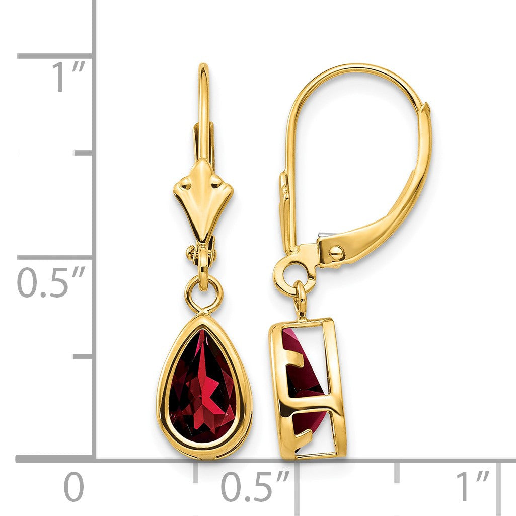14k 8x5mm Pear Garnet Bezel Leverback Dangle Earrings