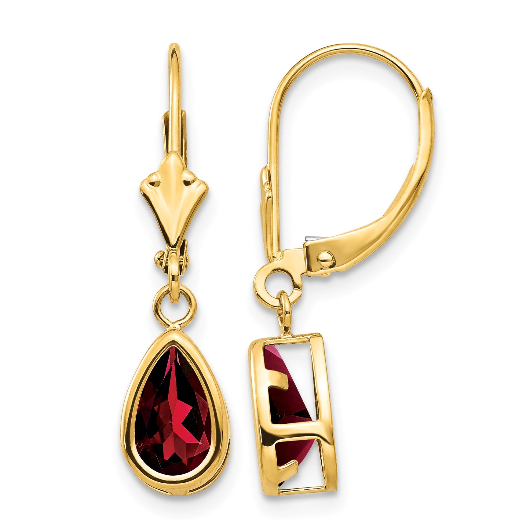 14k 8x5mm Pear Garnet Bezel Leverback Dangle Earrings