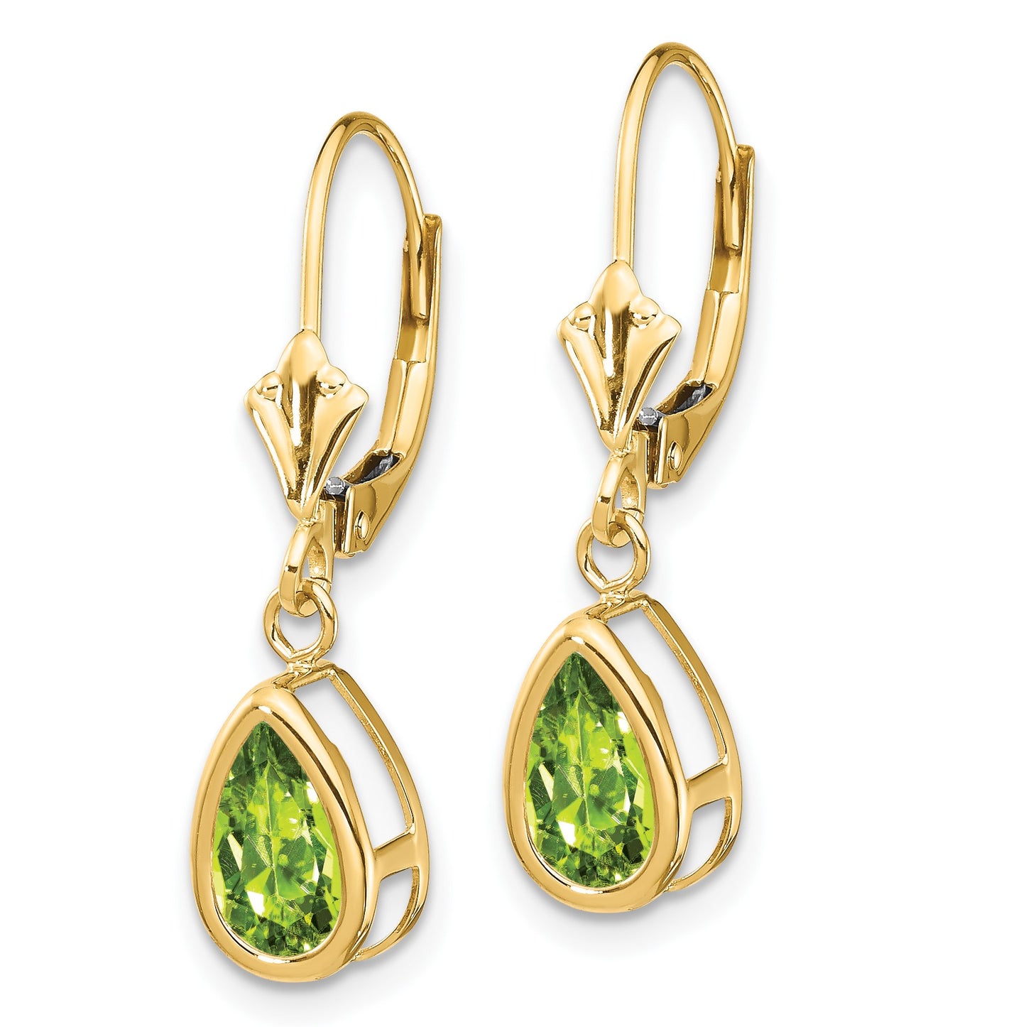14k 8x5mm Pear Peridot Bezel Leverback Dangle Earrings