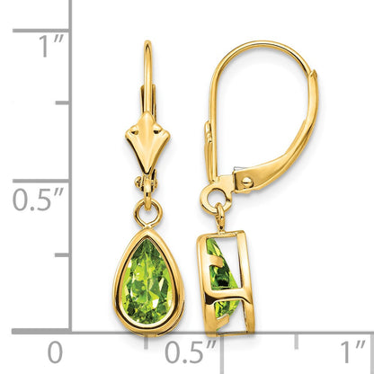 14k 8x5mm Pear Peridot Bezel Leverback Dangle Earrings