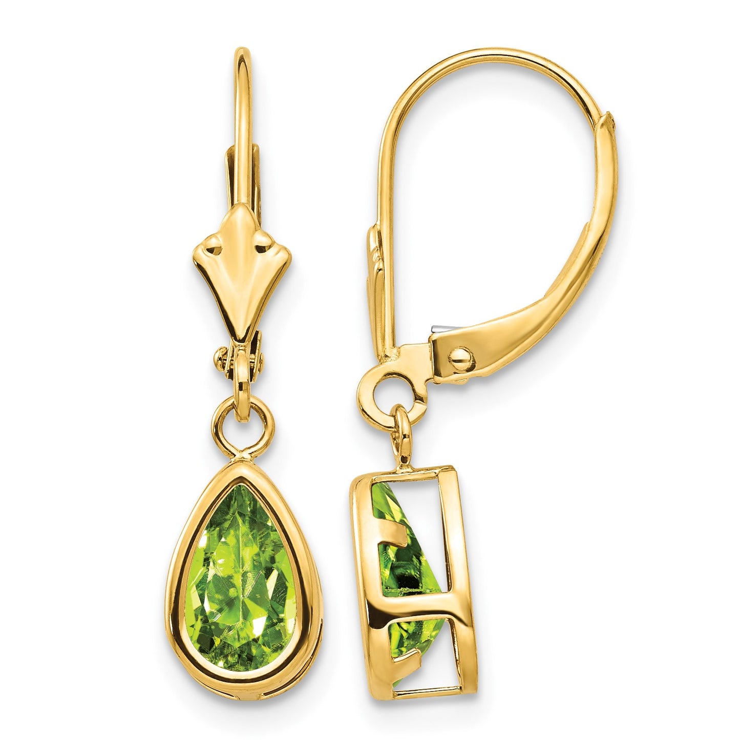 14k 8x5mm Pear Peridot Bezel Leverback Dangle Earrings