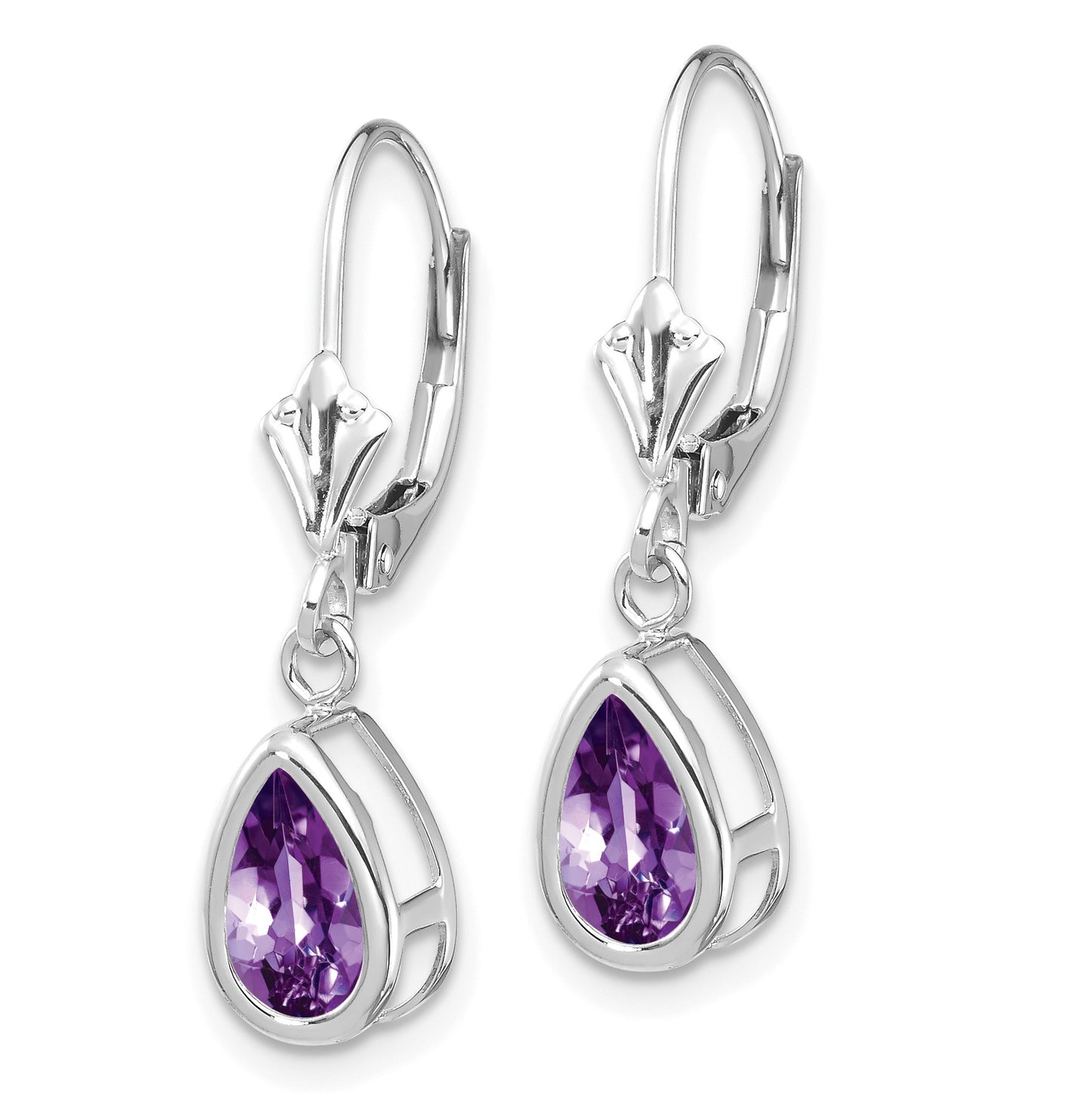 14k White Gold 8x5mm Pear Amethyst Bezel Leverback Dangle Earrings
