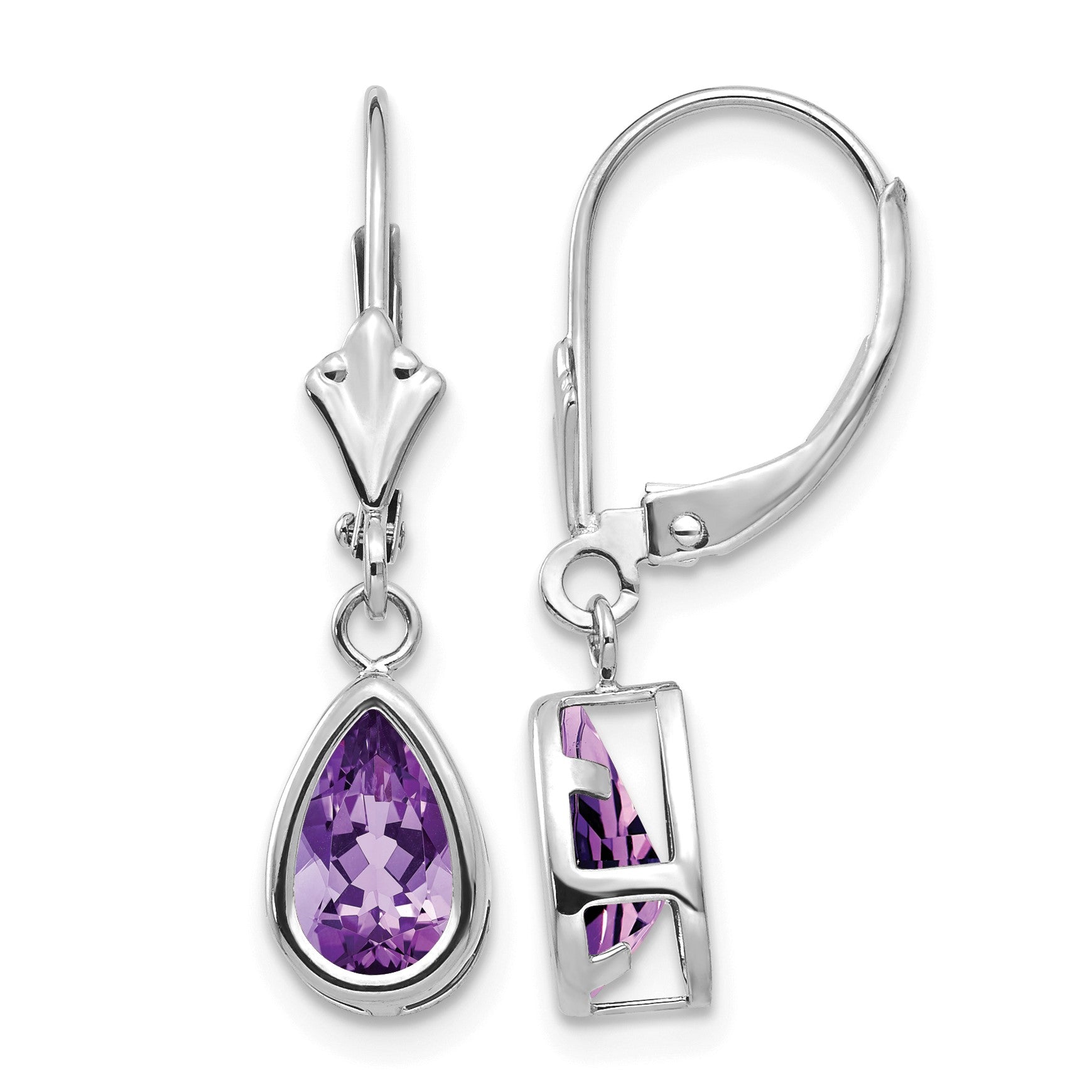 14k White Gold 8x5mm Pear Amethyst Bezel Leverback Dangle Earrings