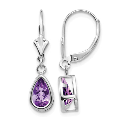 14k White Gold 8x5mm Pear Amethyst Bezel Leverback Dangle Earrings