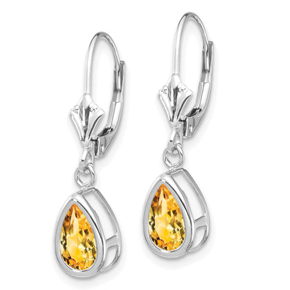 14k White Gold 8x5mm Pear Citrine Bezel Leverback Dangle Earrings