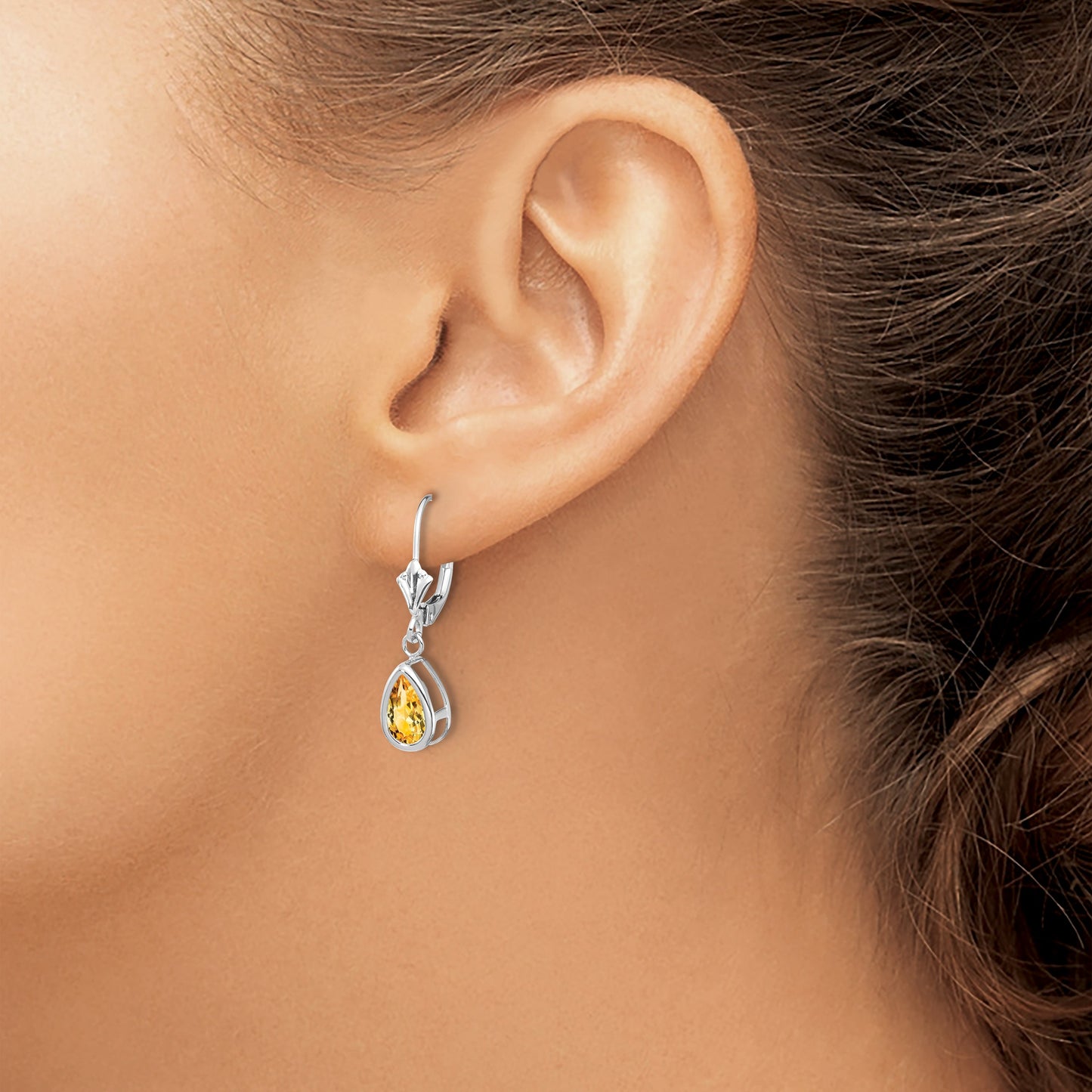 14k White Gold 8x5mm Pear Citrine Bezel Leverback Dangle Earrings