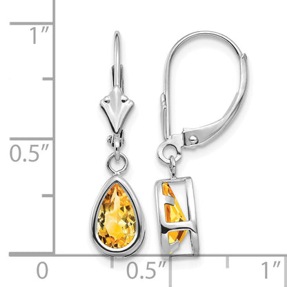 14k White Gold 8x5mm Pear Citrine Bezel Leverback Dangle Earrings