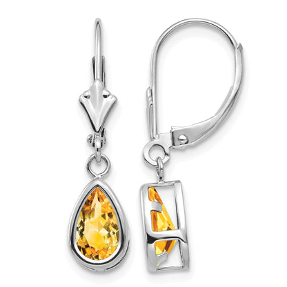14k White Gold 8x5mm Pear Citrine Bezel Leverback Dangle Earrings