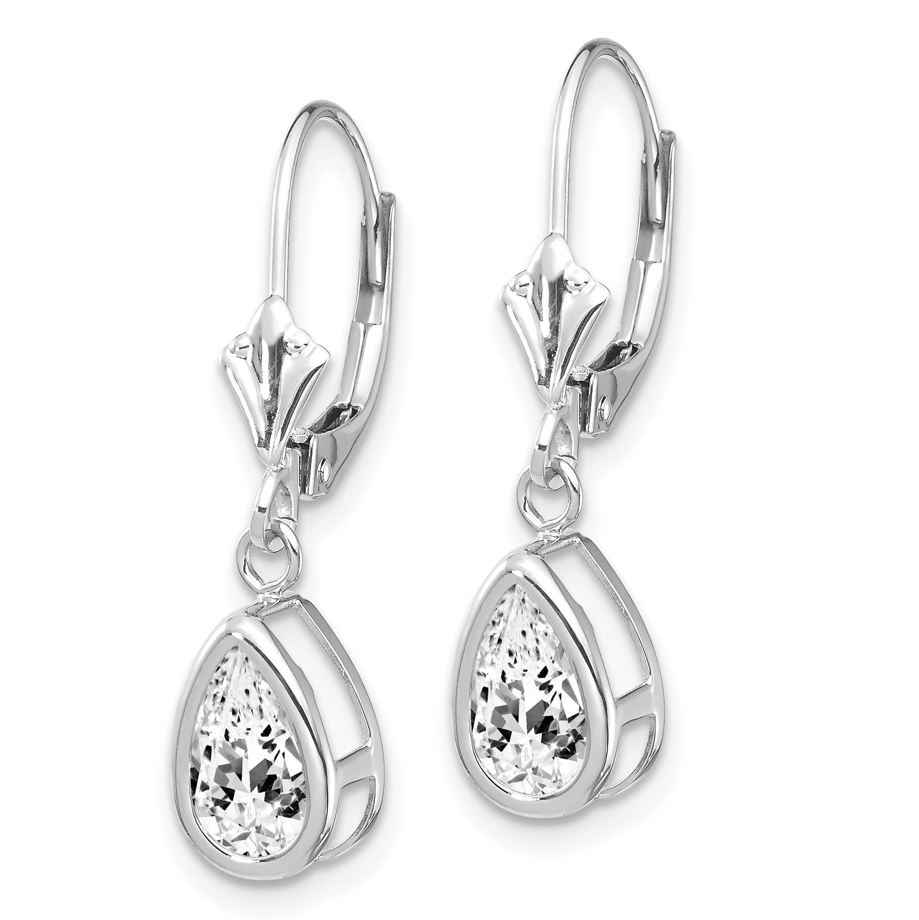 14k White Gold 8x5mm Pear Cubic Zirconia Bezel Leverback Dangle Earrings