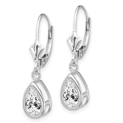 14k White Gold 8x5mm Pear Cubic Zirconia Bezel Leverback Dangle Earrings