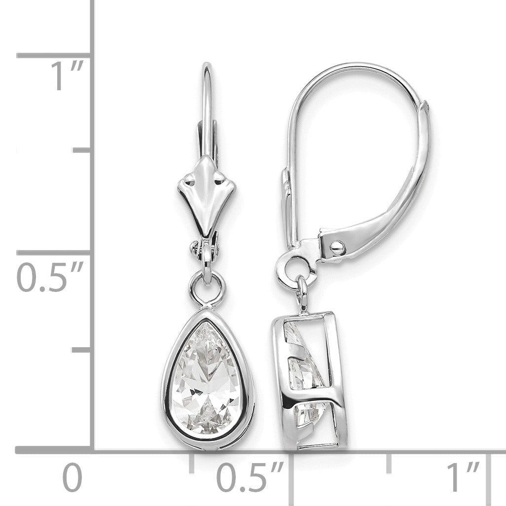 14k White Gold 8x5mm Pear Cubic Zirconia Bezel Leverback Dangle Earrings