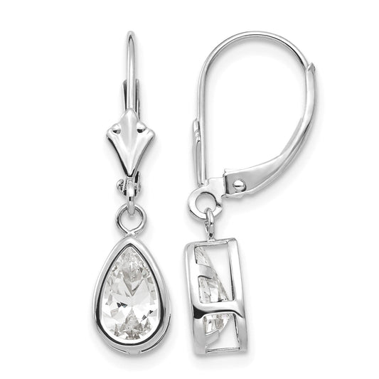 14k White Gold 8x5mm Pear Cubic Zirconia Bezel Leverback Dangle Earrings