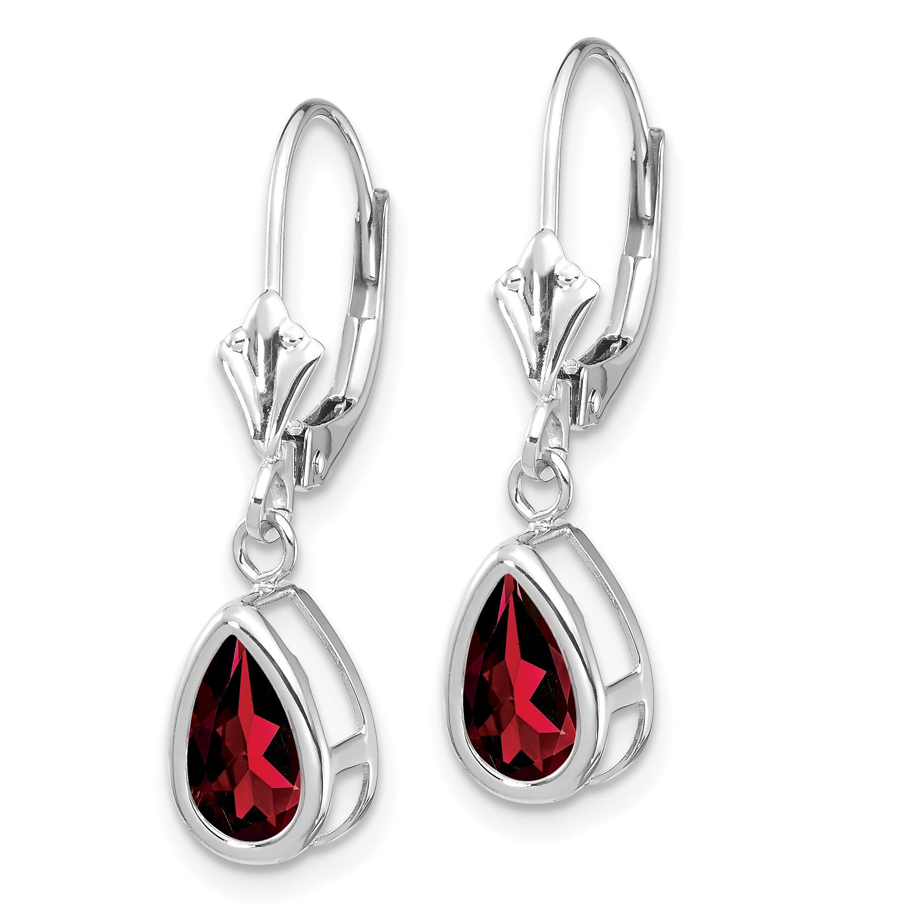 14k White Gold 8x5mm Pear Garnet Bezel Leverback Dangle Earrings