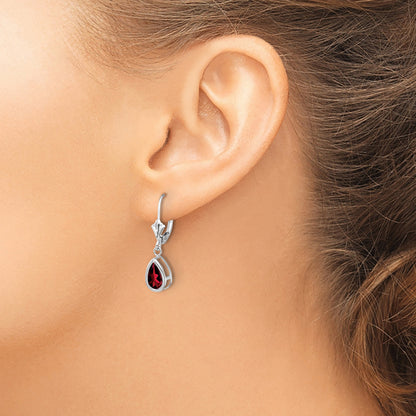 14k White Gold 8x5mm Pear Garnet Bezel Leverback Dangle Earrings