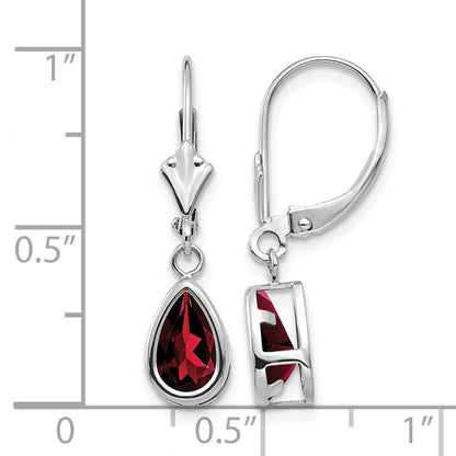14k White Gold 8x5mm Pear Garnet Bezel Leverback Dangle Earrings