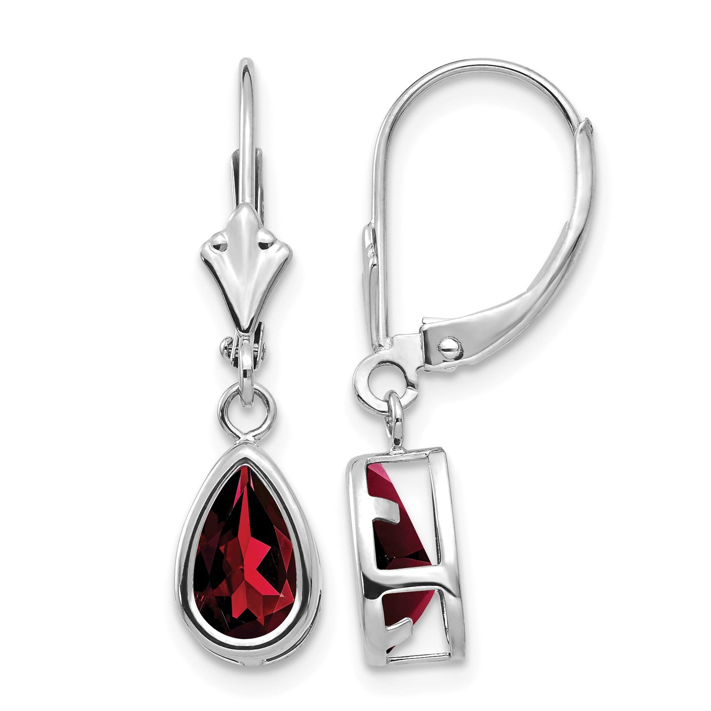 14k White Gold 8x5mm Pear Garnet Bezel Leverback Dangle Earrings