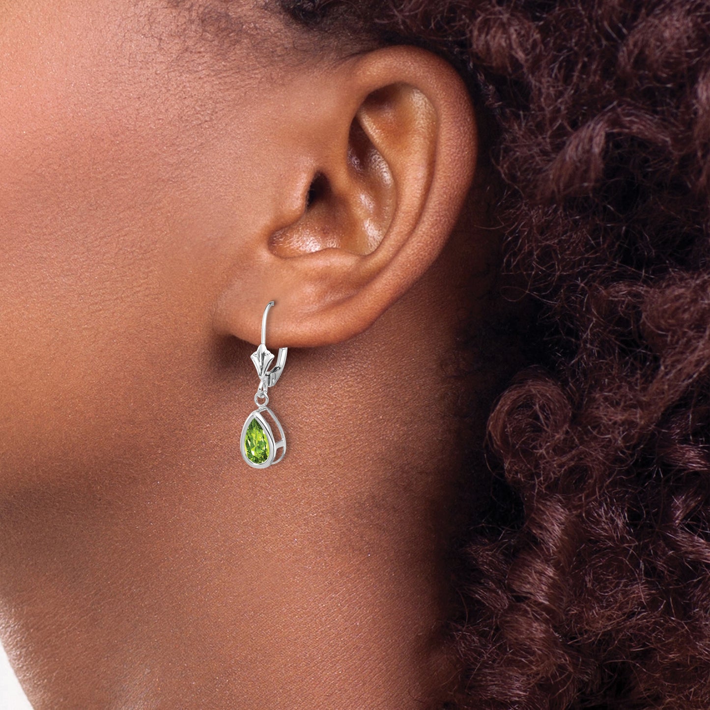 14k White Gold 8x5mm Pear Peridot Bezel Leverback Dangle Earrings
