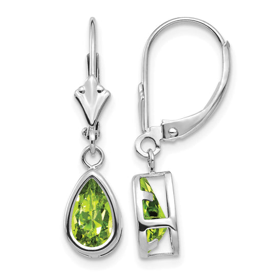 14k White Gold 8x5mm Pear Peridot Bezel Leverback Dangle Earrings