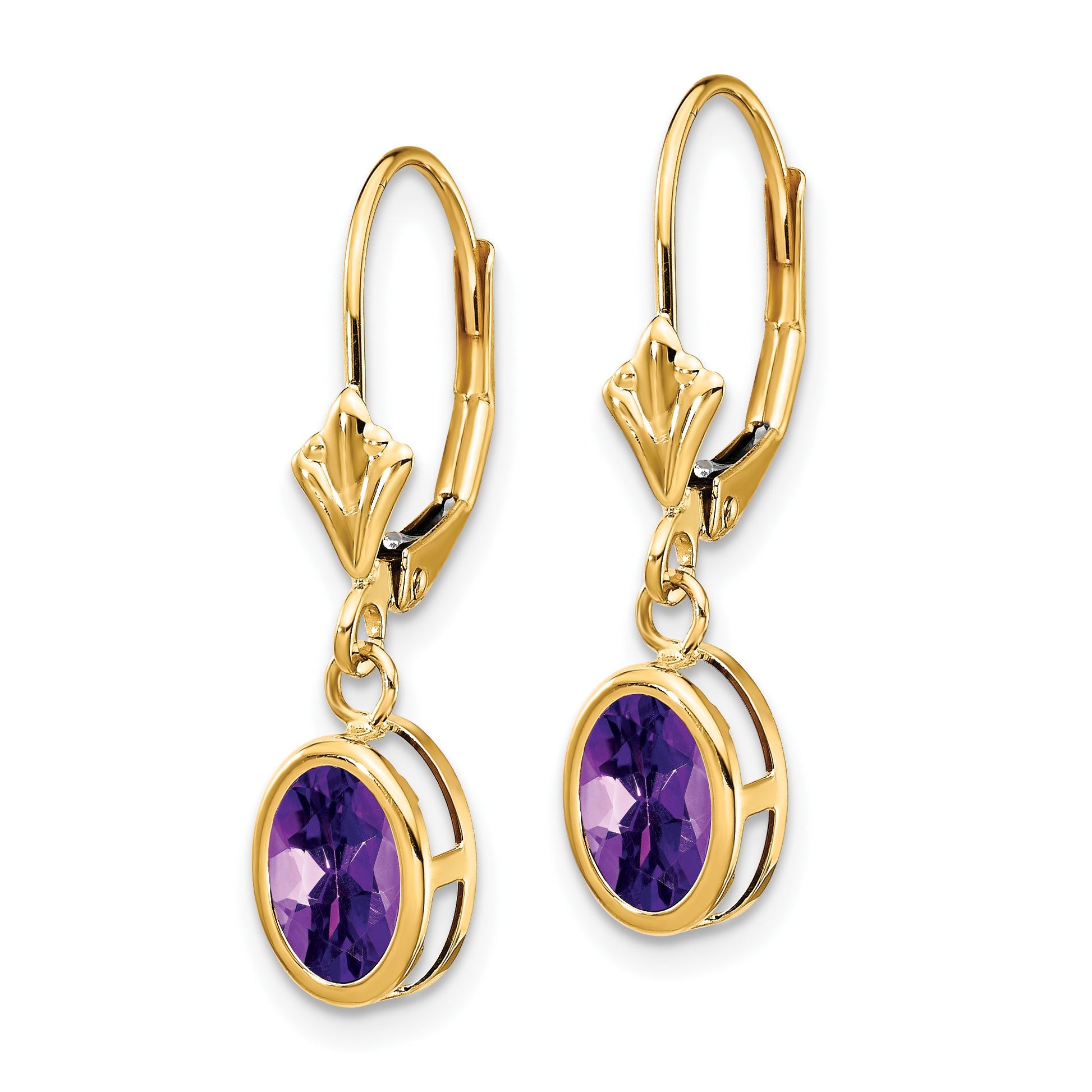 14k 7x5mm Oval Amethyst Bezel Leverback Dangle Earrings