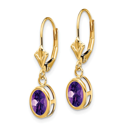 14k 7x5mm Oval Amethyst Bezel Leverback Dangle Earrings