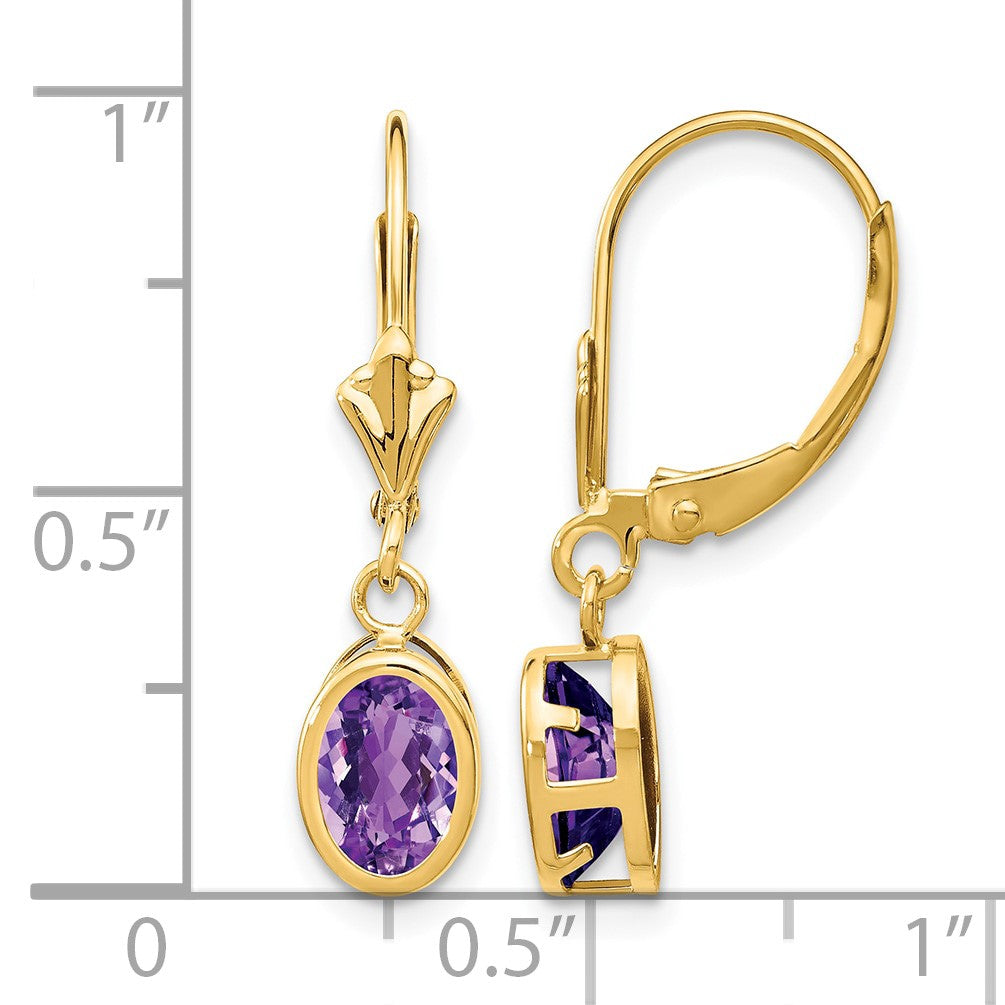 14k 7x5mm Oval Amethyst Bezel Leverback Dangle Earrings