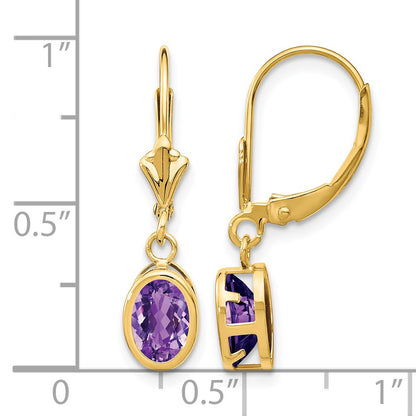 14k 7x5mm Oval Amethyst Bezel Leverback Dangle Earrings