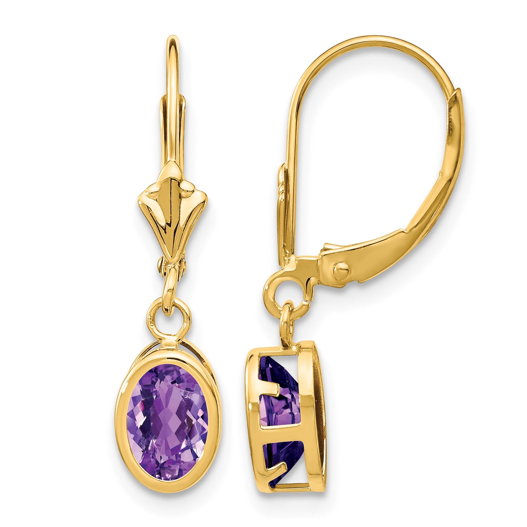 14k 7x5mm Oval Amethyst Bezel Leverback Dangle Earrings