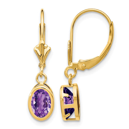 14k 7x5mm Oval Amethyst Bezel Leverback Dangle Earrings