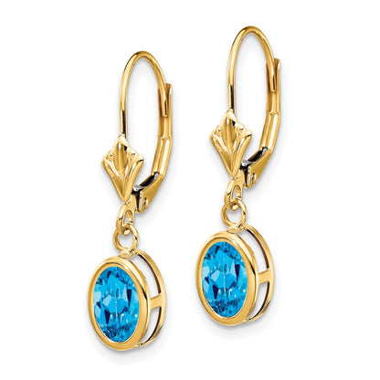 14k 7x5mm Oval Blue Topaz Bezel Leverback Dangle Earrings