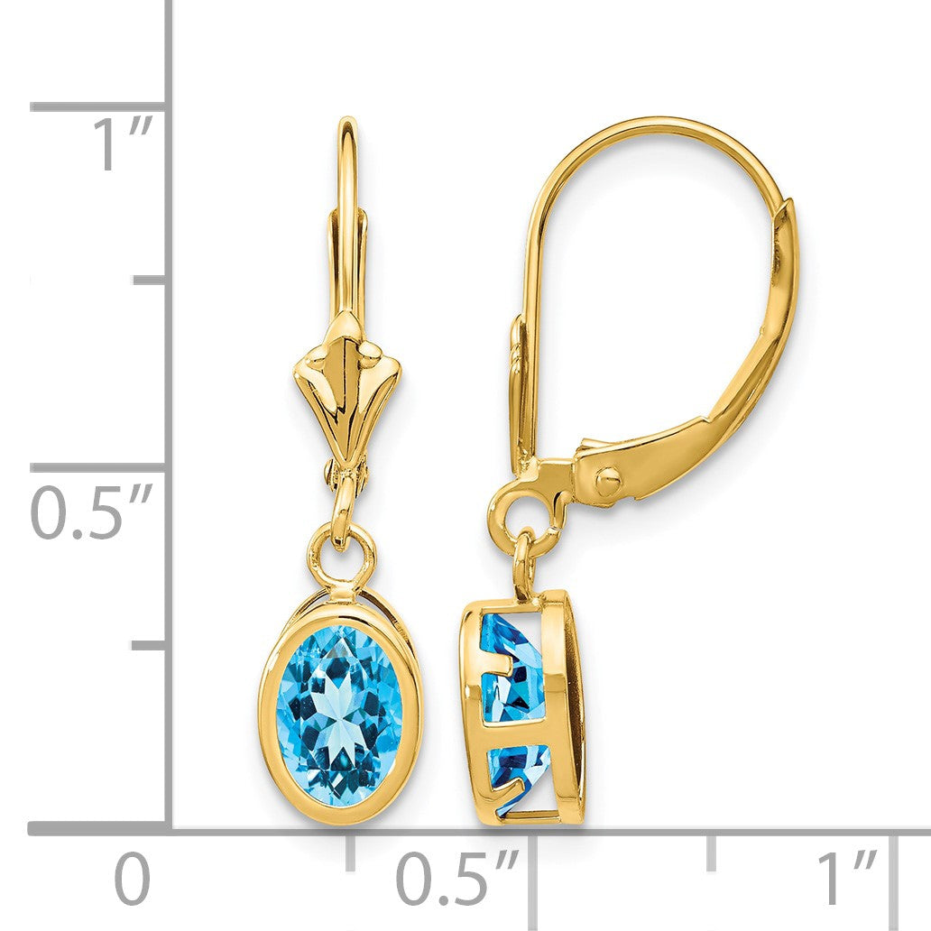 14k 7x5mm Oval Blue Topaz Bezel Leverback Dangle Earrings
