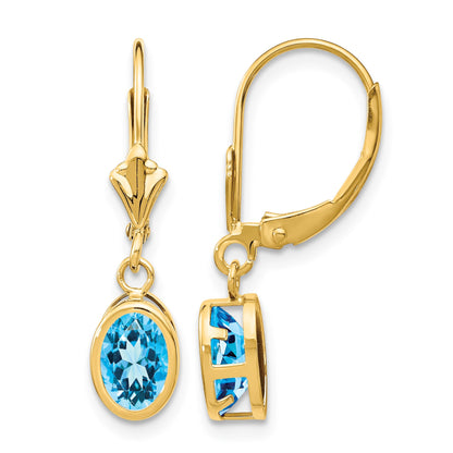14k 7x5mm Oval Blue Topaz Bezel Leverback Dangle Earrings