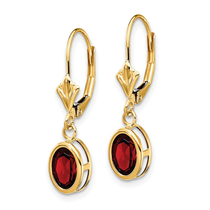 14k 7x5mm Oval Garnet Bezel Leverback Dangle Earrings