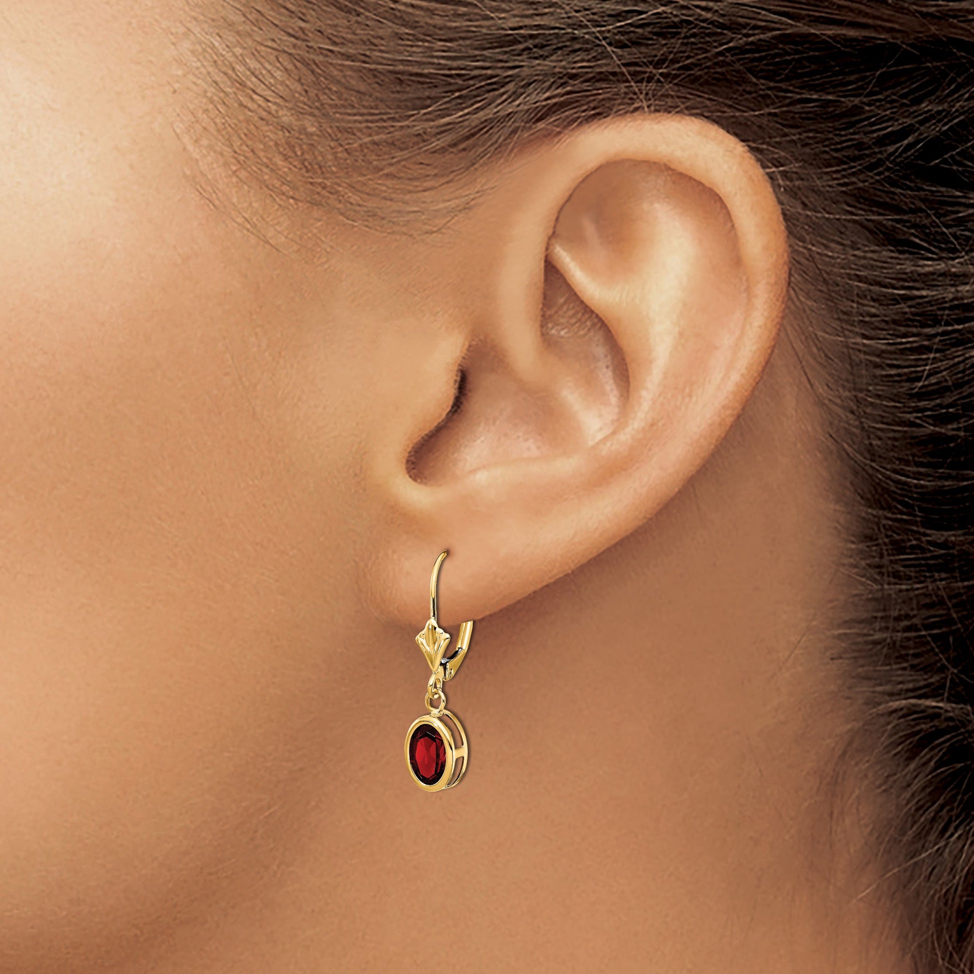 14k 7x5mm Oval Garnet Bezel Leverback Dangle Earrings