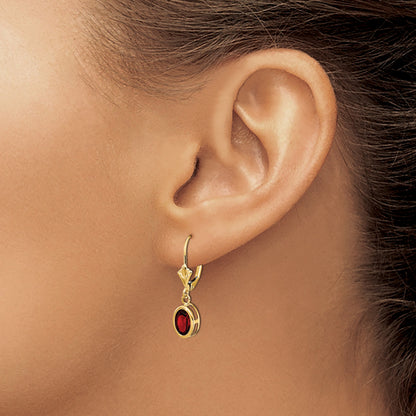 14k 7x5mm Oval Garnet Bezel Leverback Dangle Earrings